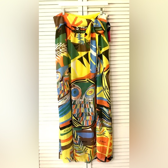 🆕 Neon Macy’s Impulse Skirt Womens size 12 Yellow Owl Print Maxi Bright Festive - Picture 3 of 12
